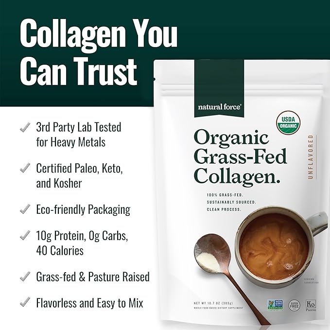 Natural Force Grass Fed Organic Whey Protein Powder 5 Pound A2 Protein Organic Clean Collagen Peptides Powder Unflavored 10.7oz