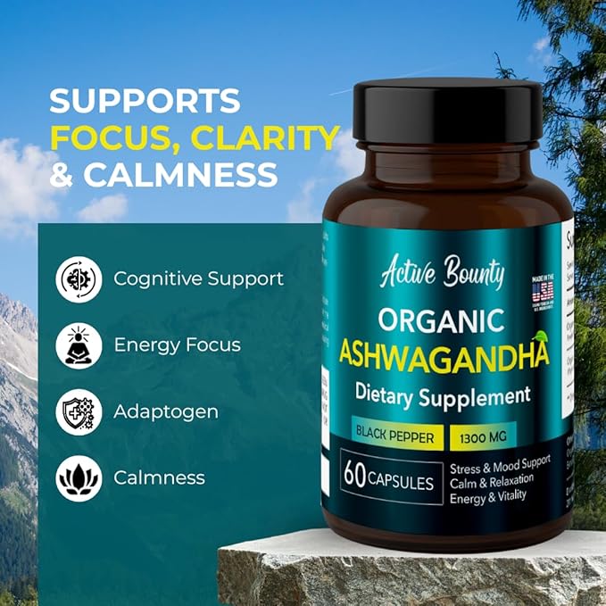 Organic Ashwagandha 1300mg with Black Pepper for Enhanced Absorption | Stress &amp Mood Support Calm &amp Relaxation Energy &amp Vitality | Vegan Non-GMO | 60 Capsules | Made in USA