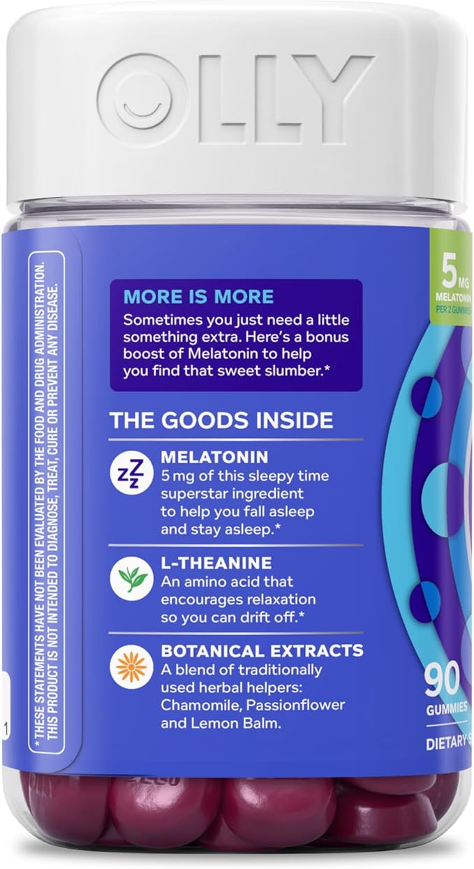 OLLY Extra Strength Sleep Gummy 5 mg Melatonin L-Theanine Chamomile Lemon Balm Extracts Sleep Aid BlackBerry Flavor - 90 Count