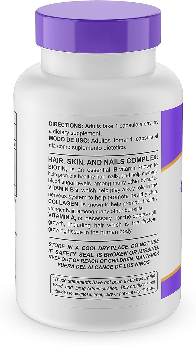 Sunshine Naturals Biotin Dietary Supplement. Supports Healthier Skin Thicker Stronger and Faster Hair and Nail Growth. Enriched with Collagen Vitamin A and B for Hair Loss. 5000 mcg. 90 Capsules.