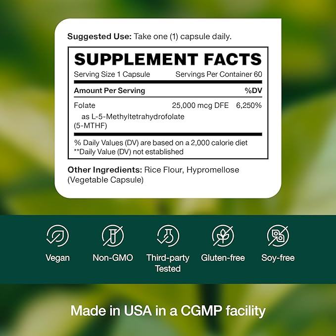 L Methylfolate 15mg - Maximum Potency - Active Vitamin B9 Superior Bioavailability - 5-MTHF Methyl Folate for Mood Cognition Immunity Cardiovascular Neurological Reproductive Health - 60 Capsules