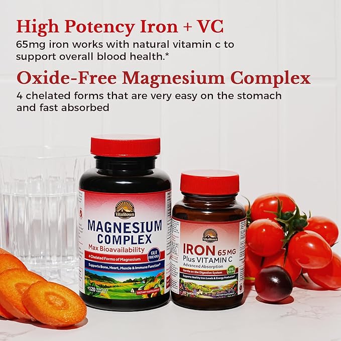 Vitalitown Magnesium Complex Supplement 500mg &amp 65mg Iron Supplement for Women Men for Sleep Muscle Blood Building &amp Energy Improvement