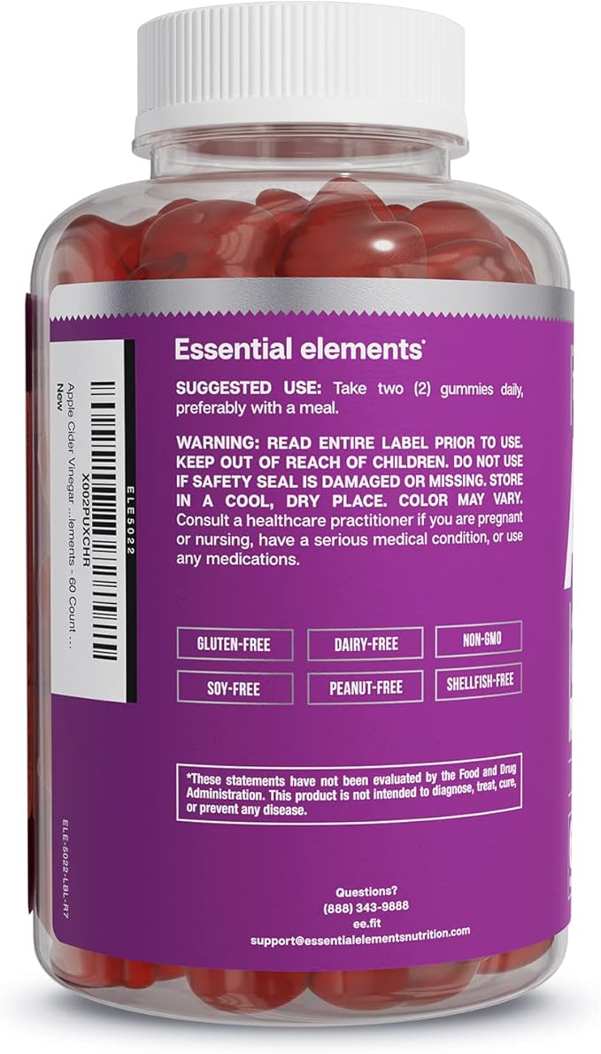 Essential Elements Apple Cider Vinegar Gummies from The Mother - Naturally-Sourced Vegan ACV with Folic Acid and Vitamin B6 &amp B12 (2 Pack)