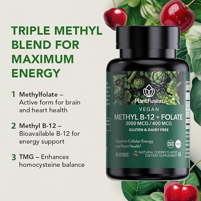 PlantFusion Vegan B12 Methyl 3000 mcg + Folate 400mcg - Sublingual Vitamins - Supports Energy Heart Health Nervous System - Cherry Flavor 60 High Potency Lozenges for Fast Absorption