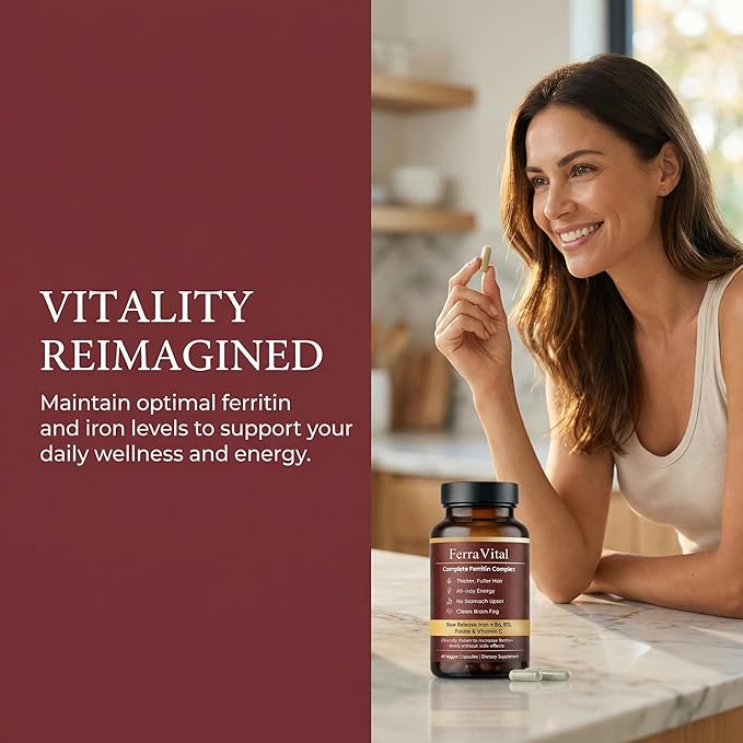 Ferravital Ferritin Support Ferritin Supplement for Women Daily Iron Supplement with Iron Bisglycinate Lactoferrin Vitamin C B12 Gluten Free &amp Non-GMO 60 Capsules (A)