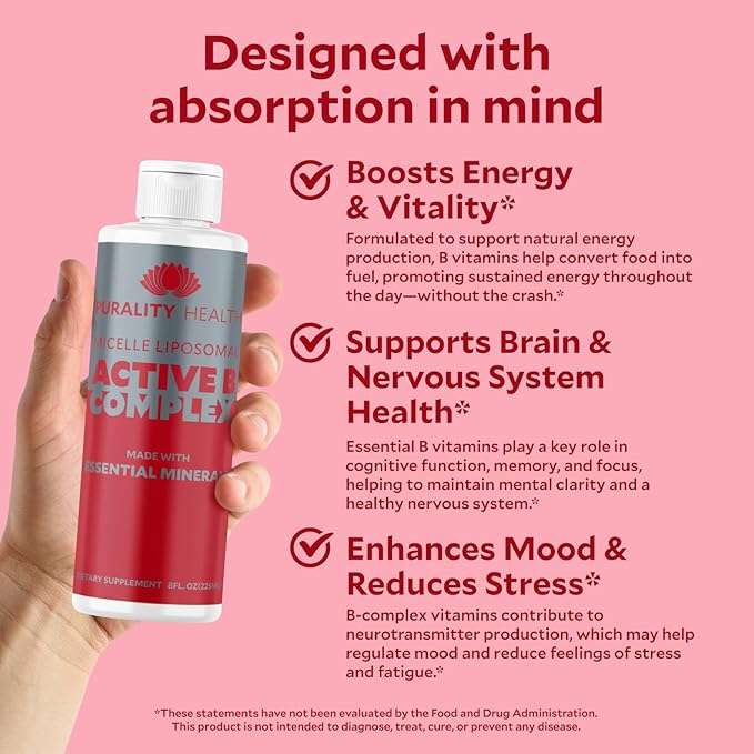 Vitamin B Complex Liquid Supplement Purality Health Liposomal Enhanced Absorption B1 B2 B3 B5 B6 B12 &amp Biotin + Essential Minerals 15 Day Supply