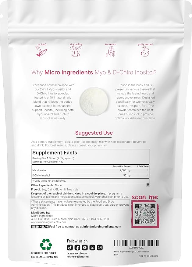 Micro Ingredients Myo-Inositol &amp D-Chiro Inositol Powder 2lb (442 Servings) | 40:1 Ideal Ratio Inositol Supplement for Women | Supports Hormonal Balance &amp Ovarian Health | Non-GMO Vegan Fil