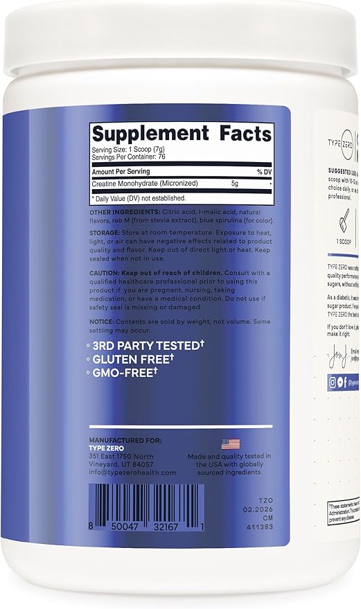 Type Zero Creatine Monohydrate Powder 500 Grams Blue Raspberry Flavor - Gluten-Free