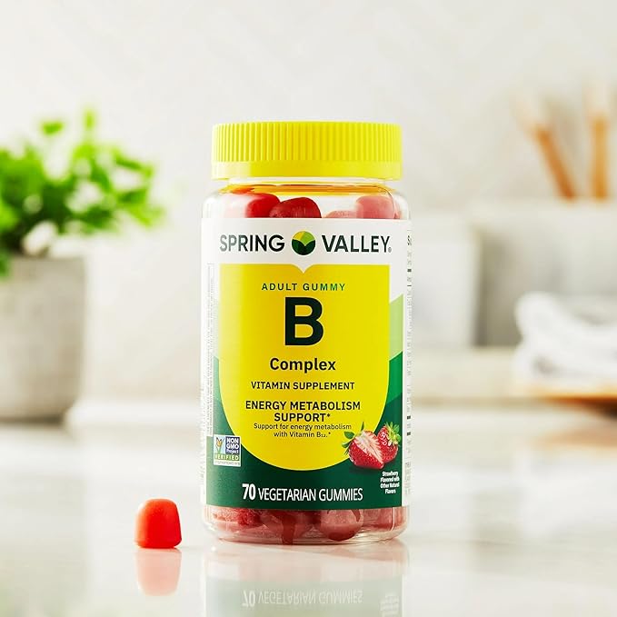 SUREFECT Spring Valley B Complex Vitamin Gummies - Energy Metabolism Support Strawberry Flavor 70 Count Organizer.