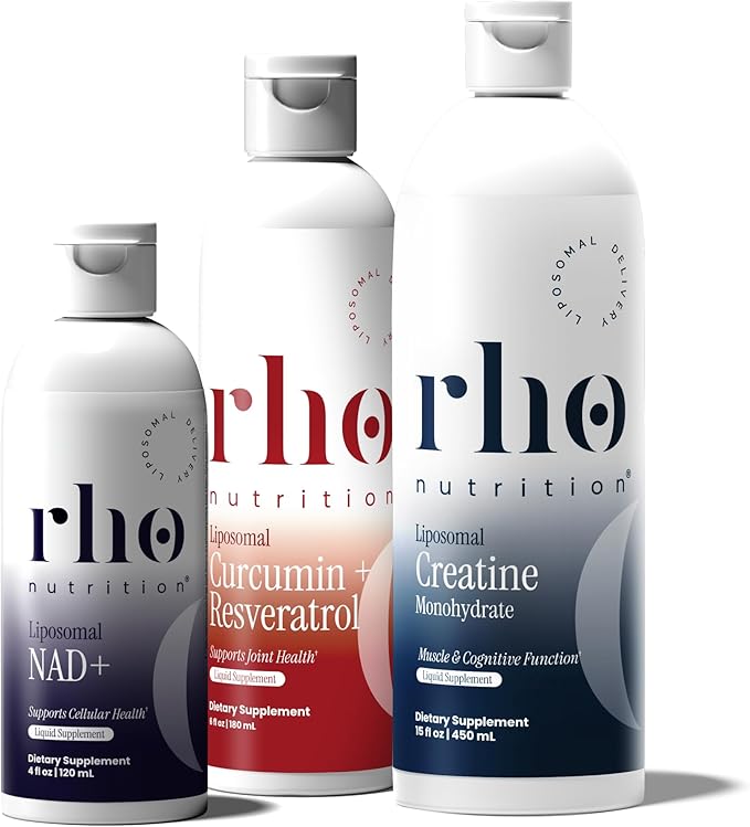 Rho Nutrition - Elite Performance Bundle – High Absorption Liposomal Supplements for Energy Recovery and Strength - NAD+ Curcumin + Resveratrol &amp Creatine (3 Pack)
