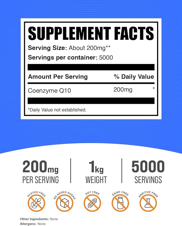 BulkSupplements.com Coenzyme Q10 Powder - Coenzyme Q10 200mg Supplement Nutritional Supplement - Gluten Free 200mg per Serving 1kg (2.2 lbs) (Pack of 1)