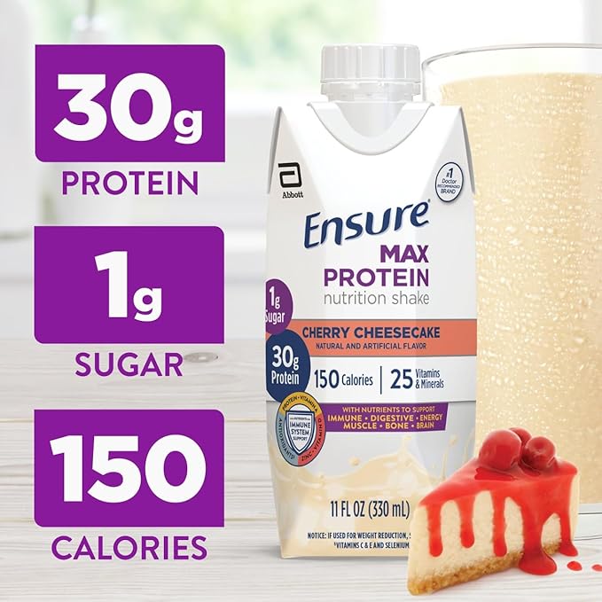 Ensure Max Protein Shake | Cherry Cheesecake | Ready to Drink | 30g Protein for Muscle Health | 1g Sugar 4g Fiber | 11 fl oz 12 Pack