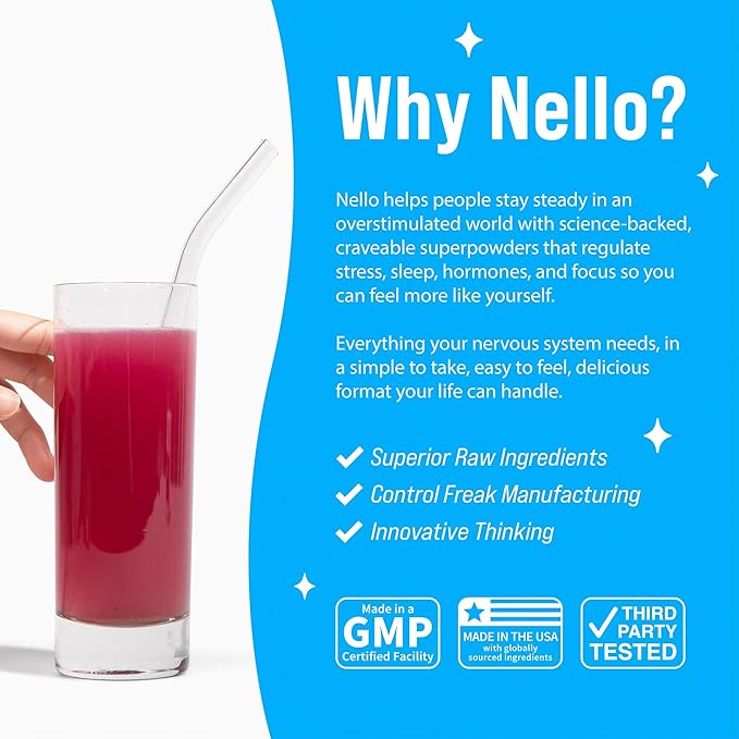 Nello Supercalm Powdered Drink Mix Cortisol Reducer* Sleep Aid Supplement L Theanine Ksm-66 Ashwagandha Magnesium Glycinate Vitamin D 3 No Sugar Non GMO 20 Ct BlackBerry Lemonade