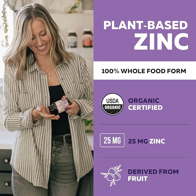 Organic Zinc 25 mg | Whole Food zinc Supplements | Derived from Organic Fruit Elemental Zinc - Water Extracted Vegan GMO-Free - Essential Mineral Antioxidant Immune Support Skin - 60 Servings