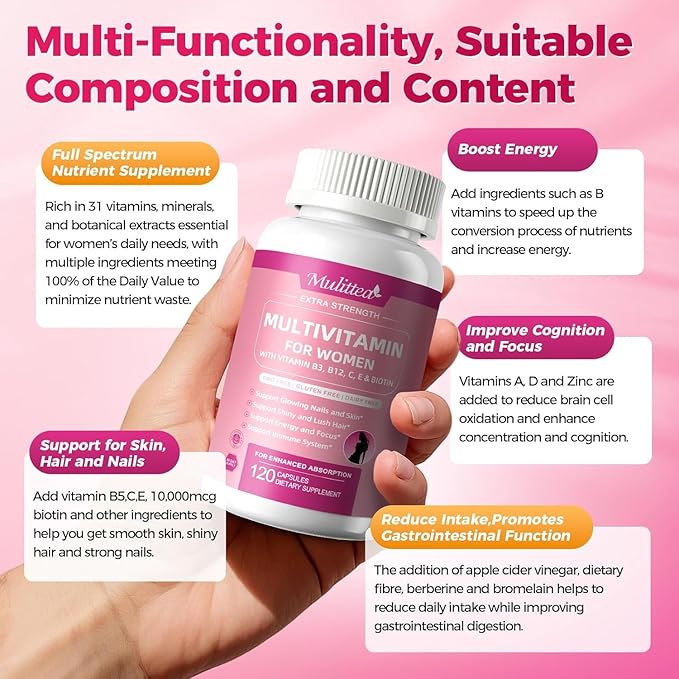 Mulittea Multivitamin for Women - 18+ Daily Women Multivitamin w/Biotin 10000mcg Vitamin A C D E &amp More for Hair Skin and Nails - Methylated B9B12 for Energy &amp Focus -120 CT 2 Pack
