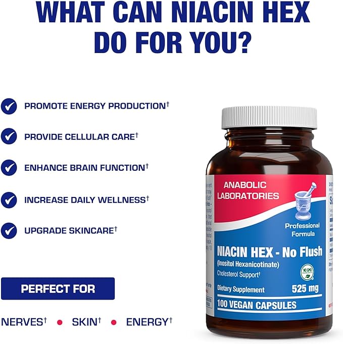 High Absorption Vitamin B3 Niacin Flush Free - Clinical Formula Flush Free Niacin Supplement from Inositol Hexanicotinate for Heart Skin &amp Nerve Support - Vegan Non-GMO Made in The USA - 100 Servi