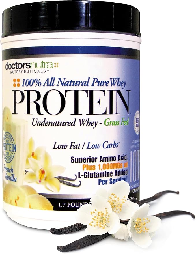 Pure 100 Percent - Undenatured Grass Fed Whey Protein by Doctors Nutra Low Carb Low Fat Rich Vanilla Flavor Nothing Artificial - Ultrafiltered Plus 1000 Milligrams L-Glutamine