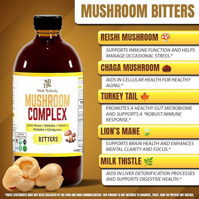 Herb to Body Mushroom Bitters Liquid Herbal Mushroom Blend - Non-GMO Gluten-Free &amp Vegan Perfect for Culinary Creations &amp Herbal Blends Wildcrafted 16 fl oz