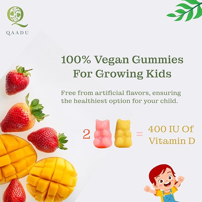 Kids Calcium &amp Vitamin D Gummies for Healthy Bones Stronger Teeth and Growth Vegan Delicious Mango &amp Strawberry Flavor 60 Chewable Gummies Certified Vegan by The Vegan Society of UK