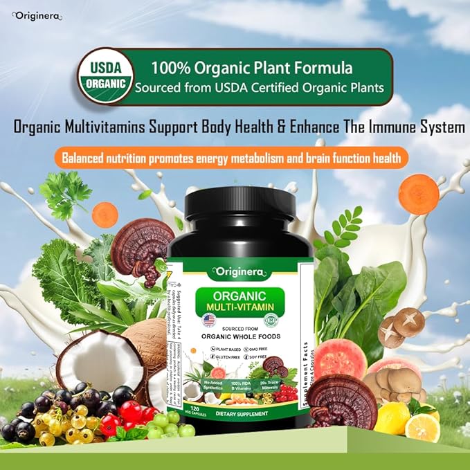 Organic Whole Foods Supplement Multi-Vitamin: Immune Brain &amp Heart Support | with Prebiotics and Postbiotics | Vegan Capsules for Men &amp Women. Gluten &amp Soy Free - 120 Plant-Sourced Capsu