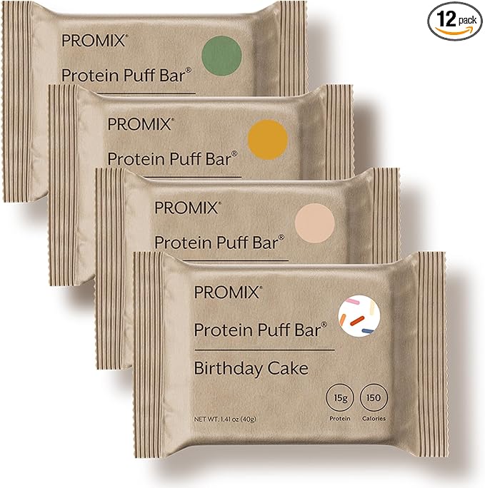 ProMix Nutrition Protein Puff Bars - Variety Pack - Birthday Cake Snickerdoodle Banana Bread Mint Chocolate - Marshmallow Crispy Treat - High Protein &amp Low Calorie - 12 Bars