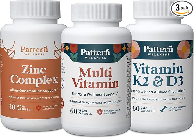 Pattern Wellness Men's Health Bundle - Multivitamin Vitamin K2 &amp D3 Zinc Complex - Male Health &amp Wellness Support - 3 Pack All-Natural Plant-Based Formulas