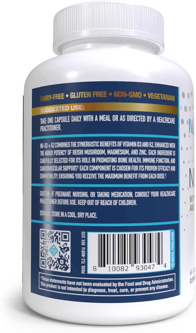 NuEthix Formulations NU-D3 + K2 - Vitamin D3 and K2 5000 iu Supplements - Packed with Reishi Mushroom Magnesium &amp Zinc - 60ct 60 Servings - Made in USA Products Only