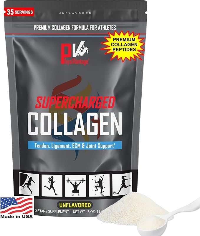 PhysiVantage Supercharged Collagen Peptides Powder - Hydrolyzed Collagen for Joint Tendon Ligament &amp Skin Health Support - Unflavored Keto Paleo 16oz | Enhanced with Vitamin C BCAAs Grass-