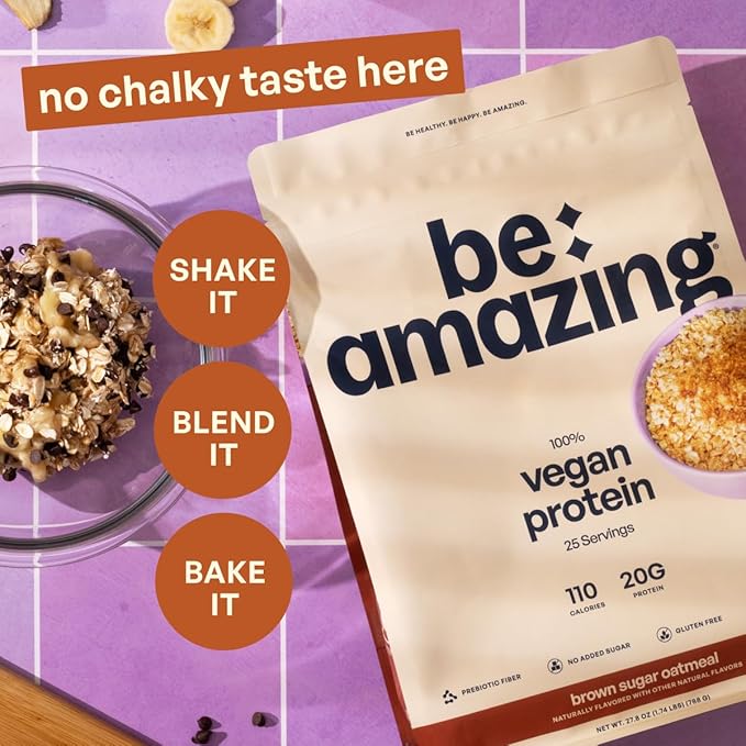 BE AMAZING Vegan Protein Powder Brown Sugar Oatmeal 20g Plant Based Protein with Prebiotic Fiber Low Carb Dairy and Gluten Free Shake Mix No Added Sugar 29.3 oz 25 Servings