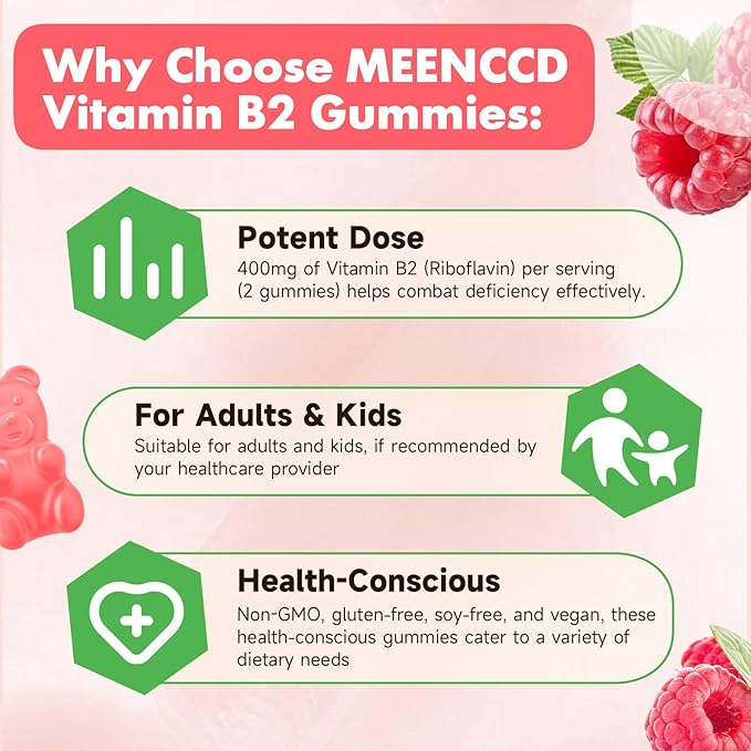 Vitamin B2 Gummies Riboflavin 400mg Supplement with Magnesium for Kids &amp Adults B2 Gummies for Migraine Relief &amp Nervous System Support Vegan Sugar-Free Raspberry Flavor 60 Count