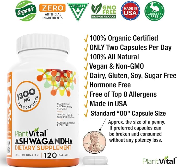 Plantvital Organic Ashwagandha Capsules with Black Pepper 1300mg - 120 Vegan Capsules for Normal Stress Response Normal Sleep and Energy - Non-GMO Gluten-Free Made in USA