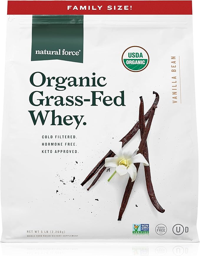 Natural Force Grass Fed Organic Whey Protein Powder Vanilla Flavor 5 lb Organic Clean Collagen Peptides Powder Unflavored 10.7oz