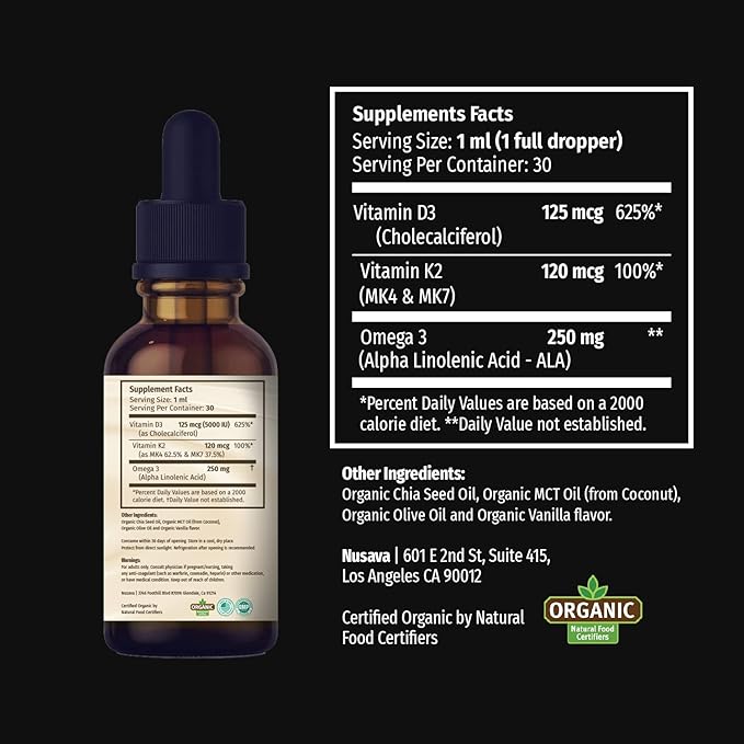 NUSAVA Unflavored D3 K2 Liquid Drops and Vanilla Flavored D3 K2 Liquid Drops Bundle - Potent Liquid Vitamins for Heart Joint Bone Muscle &amp Immune Support - Non-GMO Gluten-Free 2pk Each