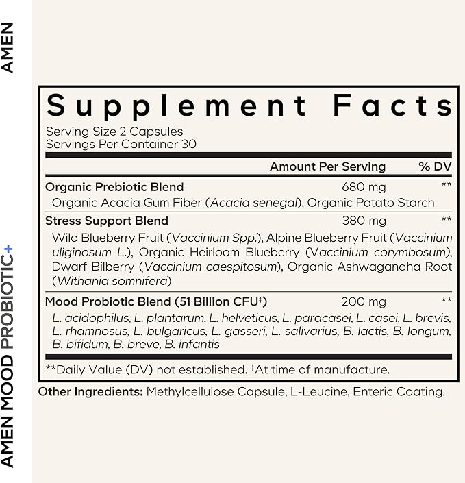 Amen Mood Probiotic Supplement 51 Billion CFU - Organic Prebiotics and Probiotics - Acidophilus Probiotic Pills Fibers - Mood Organic Ashwagandha Blueberries - Vegan &amp Non-GMO - 60 Capsules