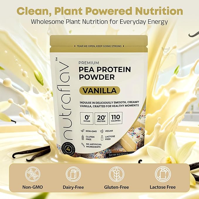 Vegan Vanilla Protein Powder - Plant Based Pea Protein Powder - 20g Protein Per Serving with 4 Ingredients - Iron-Rich Easy to Digest - No Added Sugar - Great for Shakes &amp Smoothies - 20 Servings