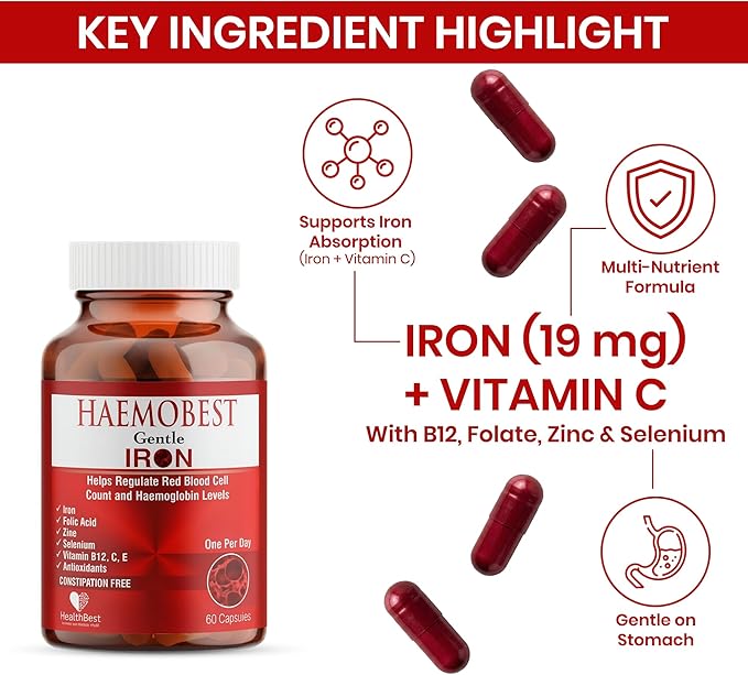 HealthBest High Potency Gentle Iron Capsules 19mg |Slow Release Iron for Faster Absorption Non-Constipating| Vitamin C B12 Folate Zinc &amp Selenium for Anemia Hemoglobin &amp Immune Support |60