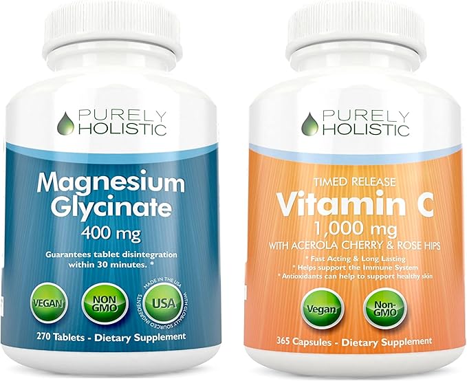 Purely Holistic Magnesium Glycinate 400mg + Vitamin C 1000mg with Rosehip &amp Acerola Cherry Bioflavonoid - Vegan Bundle - 270 Tablets &amp 365 Capsules