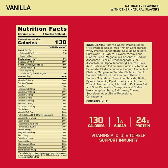 Optimum Nutrition Gold Standard Protein Shake 24g Protein Ready to Drink Protein Shake Gluten Free Vitamin C for Immune Support Vanilla 11 Fl Oz 12 Count (Pack of 1) (Packaging May Vary)