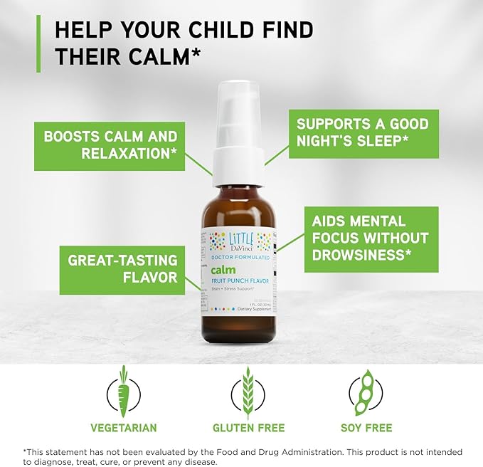 DAVINCI Little Calm - Calming Supplement for Kids* - Supports Relaxation Focus and Alertness* - with Green Tea Leaf Extract and Stevia Leaf Extract - Fruit Punch Flavor - 30 ml