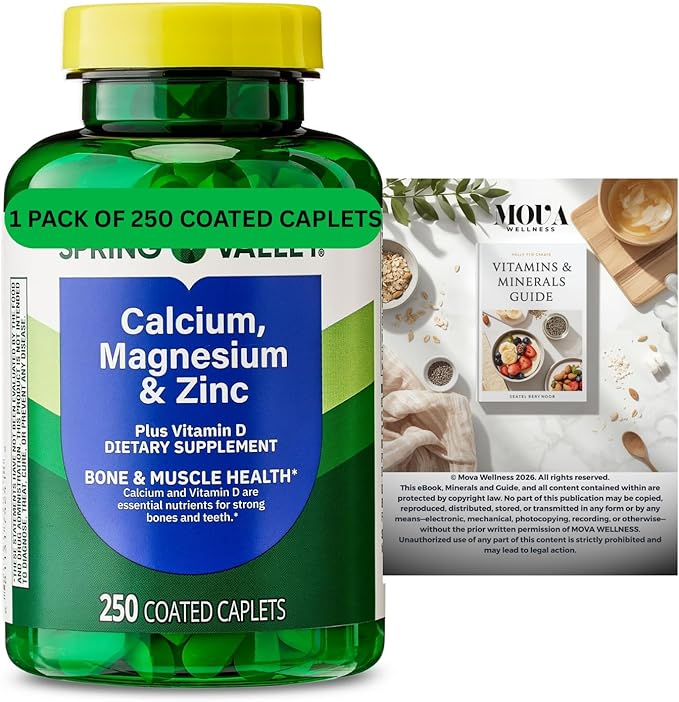 SP: Calcium Magnesium &amp Zinc Plus Vitamin D3 Dietary Supplement | 250 Coated Caplets+ complimentary Vitamins and Minerals Guide