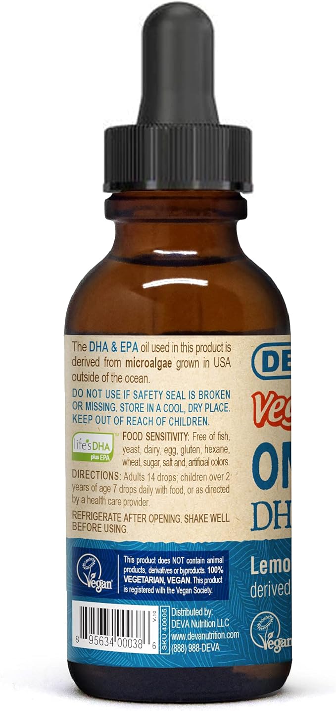 DEVA Vegan Omega-3 Liquid DHA - EPA Non Fish from Algae Lemon Flavor 2 Ounce