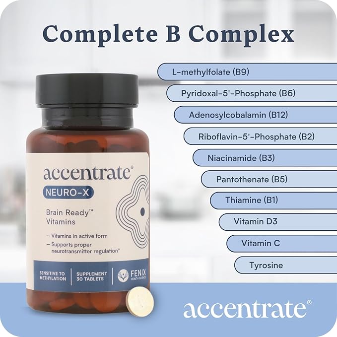 Accentrate Neuro X - Complete Vitamin B Complex | Active Multivitamin w/L-Methylfolate (5-MTHF) Adenosylcobalamin (B12) Pyridoxal-5'-Phosphate (P5P) | Brain Health | MTHFR Supplement | 30 Tablets