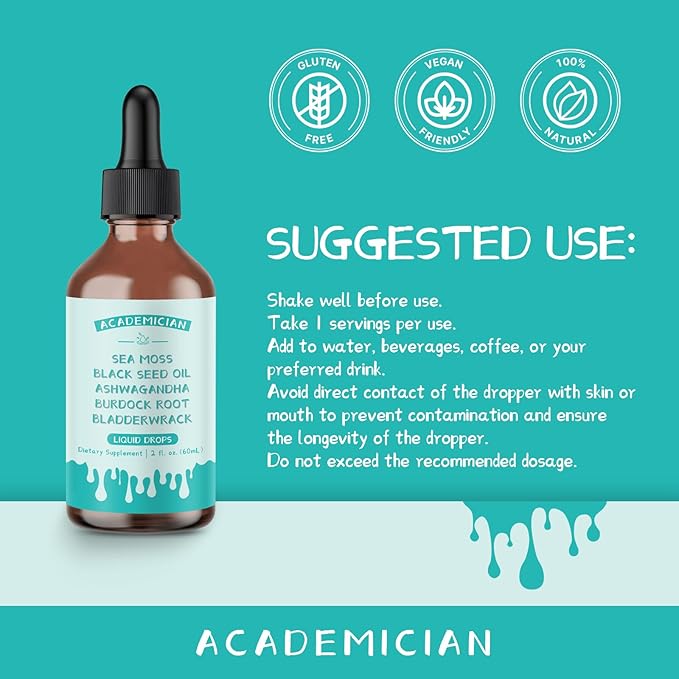 Sea Moss Drops with Ashwagandha Tincture Black Seed Oil Burdock Root Bladderwrack Liquid Drops - 60ml
