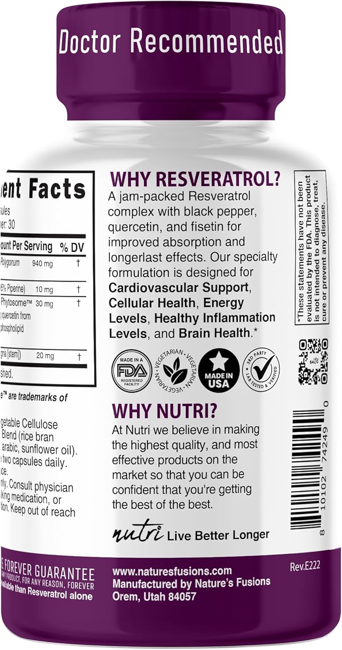 Nutri Resveratrol Supplement 1000mg (Ultra High Purity Trans-Resveratrol) - 15x More Bioavailable with Liposomal Quercetin and Fisetin - Antioxidant Longevity Organic Piperine - 60 Vegan Capsules