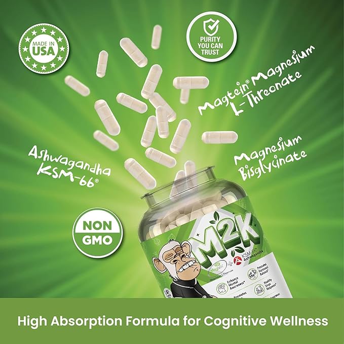 Bored Nutrition M2K: Magtein Magnesium L-threonate &amp Ashwagandha Supplement - 1500mg Magtein 300mg KSM-66 Plus 200mg Magnesium