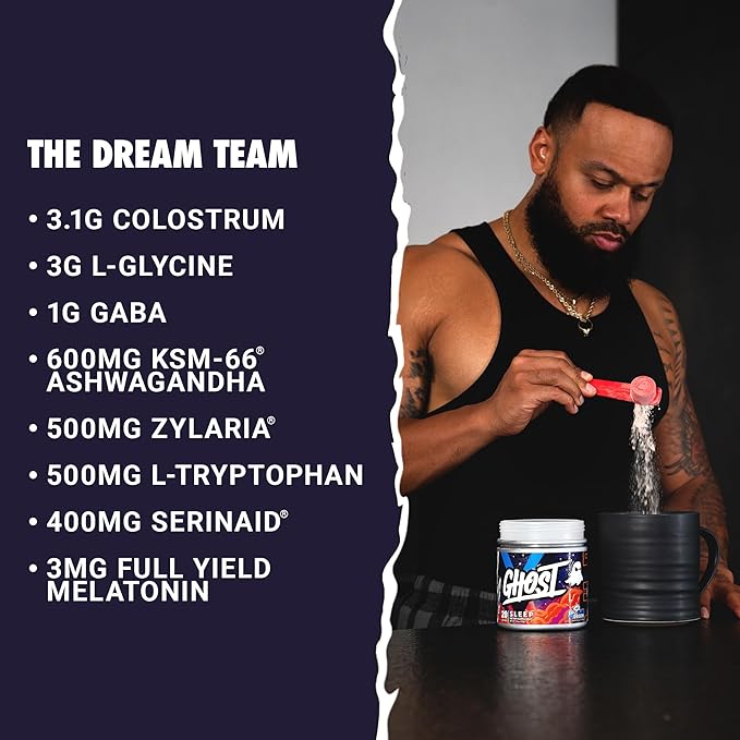 GHOST Sleep Dietary Supplement Blue Dream - Recovery &amp Rest with Premium Ingredients Including Melatonin Colostrum &amp Ashwagandha – Supports Sleep Quality - Gluten-Free &amp Sugar-Free