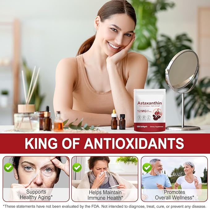 Astaxanthin Supplement 2PCS – Natural Antioxidant Support – 12mg High Strength Softgels – Clean Formula Gluten-Free Easy to Swallow Capsules for Daily Wellness