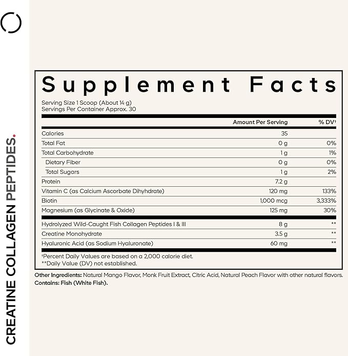 Codeage Creatine Collagen Peptides - Creatine Monohydrate Powder Supplement Wild-Caught Marine Collagen Biotin Magnesium Vitamin C Hyaluronic Acid - Mango Flavored - Non-GMO - 15 Oz