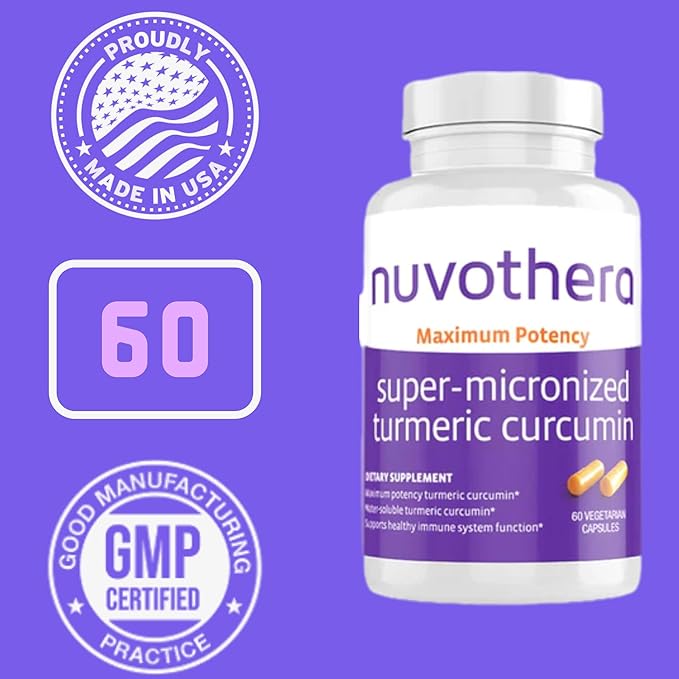 Nuvothera Super-Micronized Turmeric Curcumin Capsules 2-Month Supply Rapid Absorption Whole Root Non-GMO Skin Gut Health &amp Antioxidants(120 Capsules)