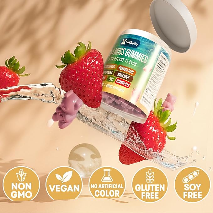 150 Sea Moss Gummies | 9-in-1 Formulation with Irish Sea Moss Ashwagandha Burdock Elderberry Bladderwrack Maca Zinc B12 | Energy &amp Immune Support | Strawberry Flavor Vegan Gummies
